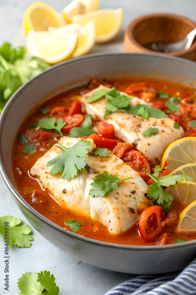 Steaming Hot Hearty Fish Stew with Tomatoes and Cilantro Steaming Hot Hearty Fish Stew with Tomatoes and Cilantro