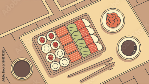 Overhead view of delicious arranged sushi set with fresh ingredients,