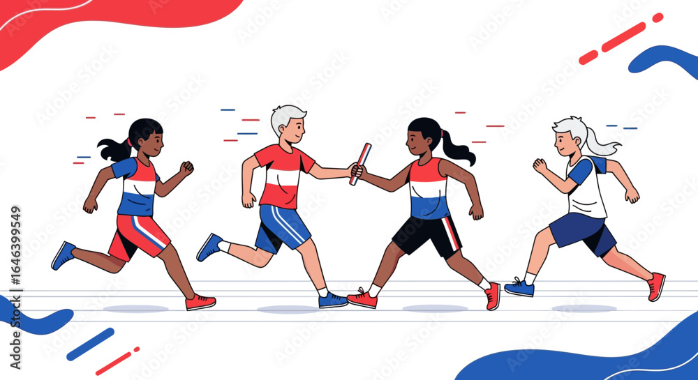 Fototapeta premium Animated Family Relay Race on Track with Four Children Running and Having Fun Under Night Sky