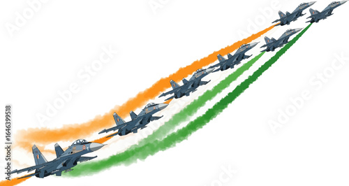 formation of military jets flying in a coordinated diagonal line with colorful trails against
