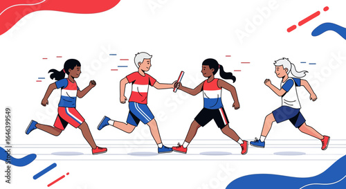 Animated Family Relay Race on Track with Four Children Running and Having Fun Under Night Sky