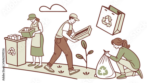 People recycling waste outdoors with recyclable bags illustration artwork