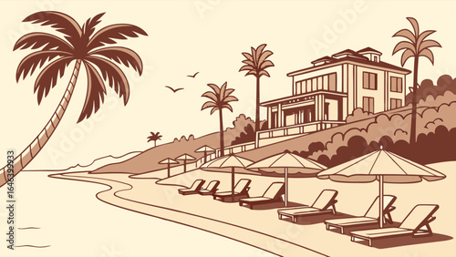 Relaxing Beach Scene with Luxury Villa and Sun Lounge Illustration