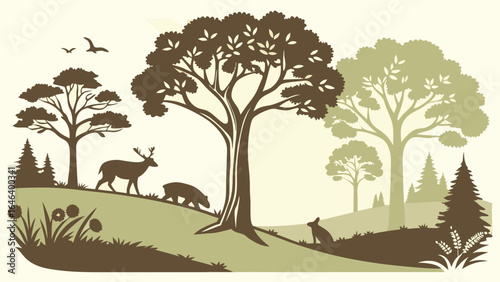 Scenic forest silhouette illustration with deer, boar, hare and birds in