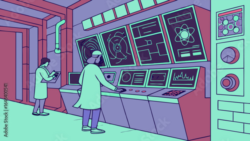 Science lab scene with scientist and control panels digital illustration