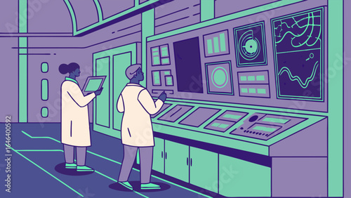 Scientists Examining Data on Control Panels in a Futuristic Laboratory