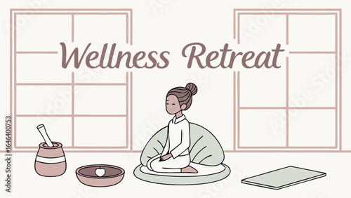 Serene Wellness Retreat Illustration Depicting Meditation and Relaxation