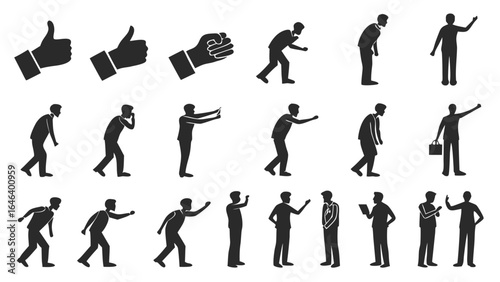 Silhouette gestures collection: figures pointing, thumbs up, action and
