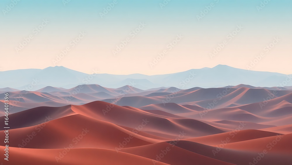 Naklejka premium Serene Desert Landscape: Soft Light, Rolling Dunes, and Misty Mountains at Dawn.