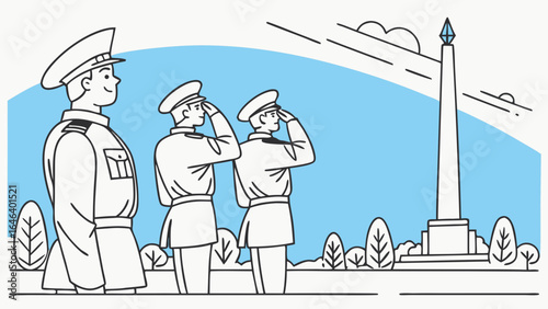 Soldiers Saluting Monument Commemorative Illustration in Line Art