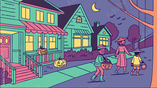 Spooky Halloween Night Illustration with Trick or Treaters and Pumpkins