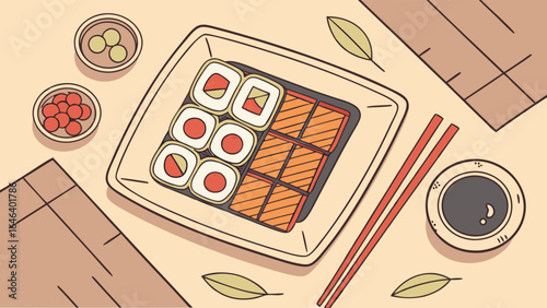 Sushi Illustration: Japanese Food with Chopsticks and Sauce on the Table