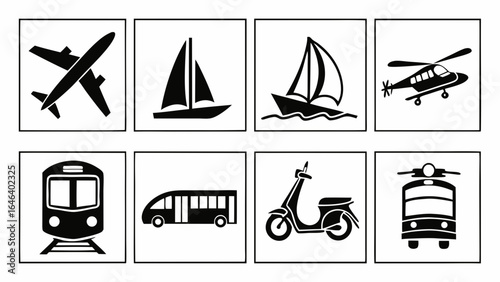 Transportation Icons: Airplane, Boat, Helicopter, Vehicles on White Squares