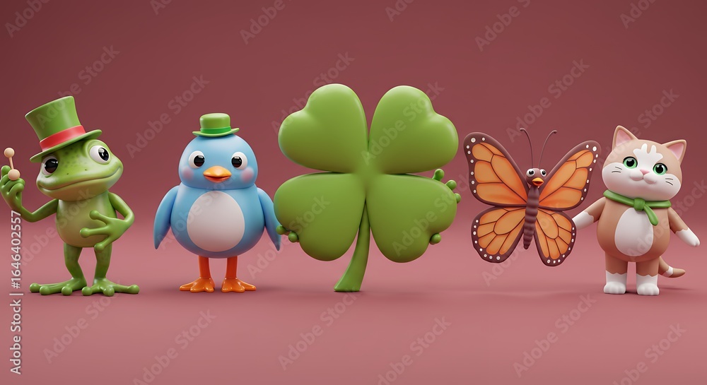 Obraz premium Cartoon animals clover butterfly cat illustration