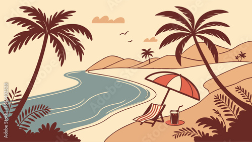 Tropical Beach Illustration of Palms, Sea, Umbrella, and Drink Vector