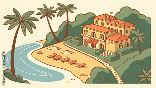 Tropical Beach Resort Illustration with Palm Trees and Loungers