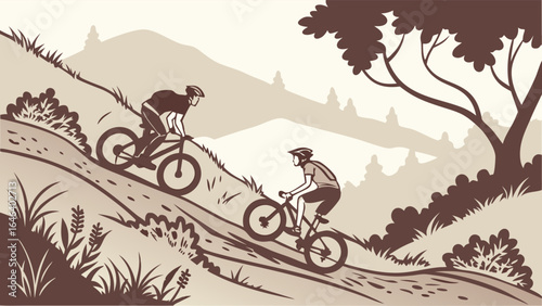 Two mountain bikers cycling downhill illustration, sepia tones, trail,