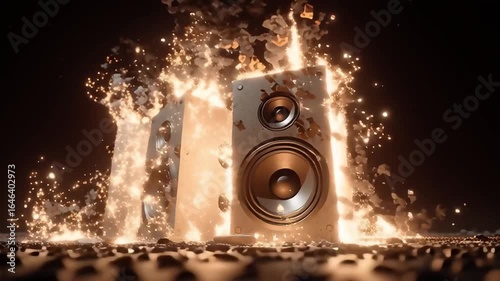 speakers surrounded by fire, burning speaker. Created with generative AI.
