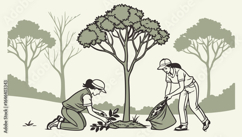 Volunteers Planting Young Tree in Park Garden, Conservation Activities