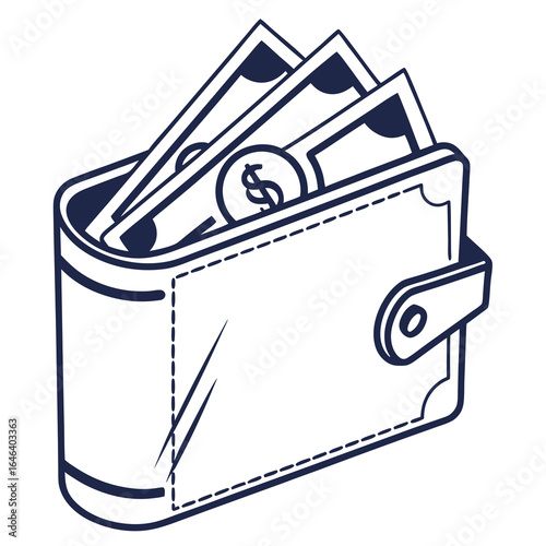 Wallet graphic with banknotes and coin, money vector illustration symbol