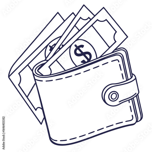 Wallet with cash dollars for finance and business illustration in outline