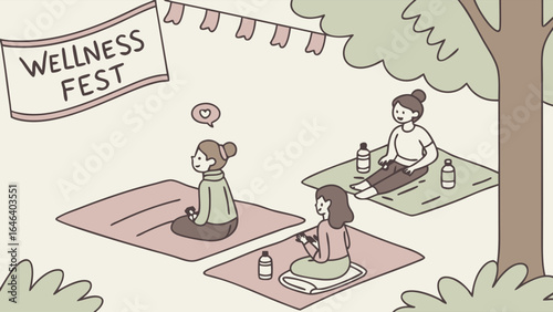 Wellness Event Illustration: Women practicing at an outdoor peaceful yoga