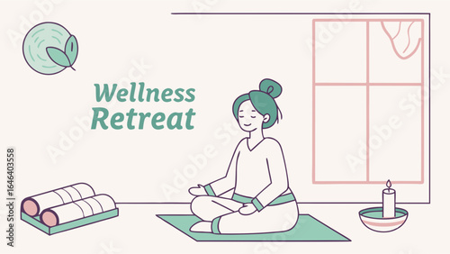 Wellness Retreat Illustration Serene Lady Meditating Peaceful Mindful Scene