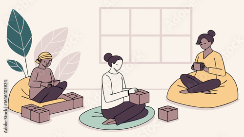 Women relaxed and crafting, boxes, interior design, peaceful activity