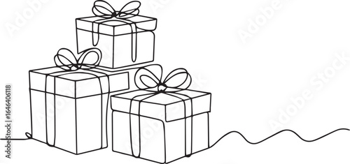 minimalist line art vector of stacked gift boxes with ribbons and bow simple outline present illustration isolated white