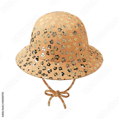 Charming peachcolored sun hat with a ditsy floral pattern and a tied chin strap.