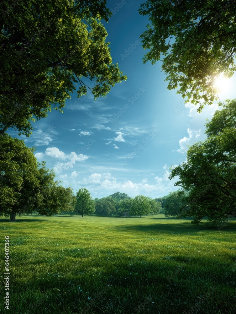 Obraz premium Sunny meadow park landscape, trees framing vibrant green grass, bright sky; nature background