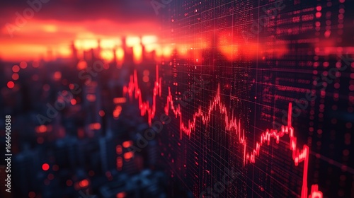 Wallpaper Mural Red downward trending line over blurred city skyline under a fiery sky. Torontodigital.ca