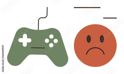 Green gaming controller next to sad red face suggesting frustration, difficulty, or disconnection. Ideal for gaming, frustration, challenge, failure, emotions, user experience and technology themes