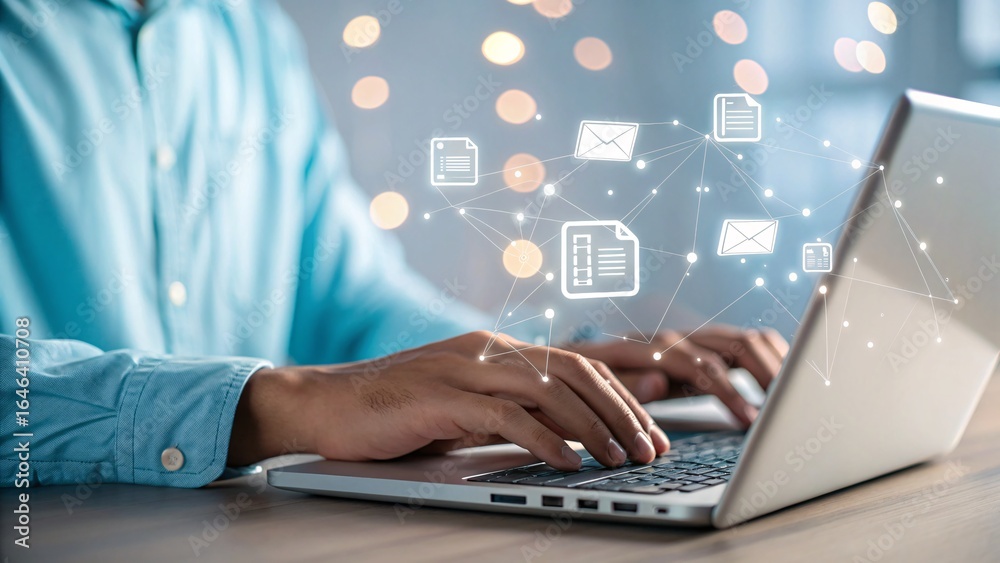 Obraz premium Professional using laptop with digital document icons, representing data and technology connections