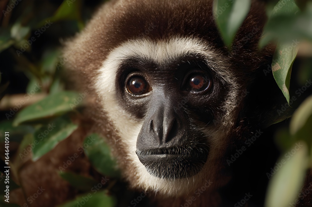 Fototapeta premium Stunned gibbon with wide eyes in lush tropical canopy wildlife photography