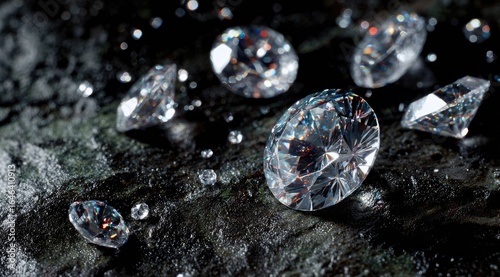 Sparkling diamonds on dark stone. Water droplets. Close-up