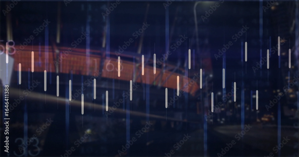 Fototapeta premium Racing orange train through night rail tunnel, passing tracks under cables with vertical light bars