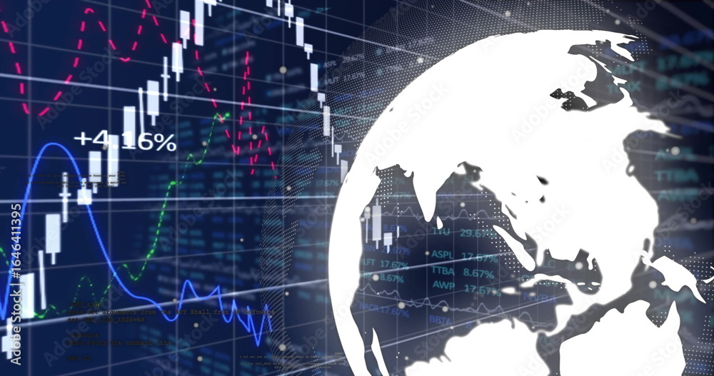 Fototapeta premium Displaying globe silhouette on financial dashboard featuring candlesticks and +41