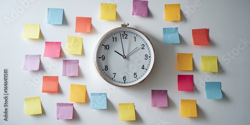 Colorful notes surround a clock on a white wall; time management concept
