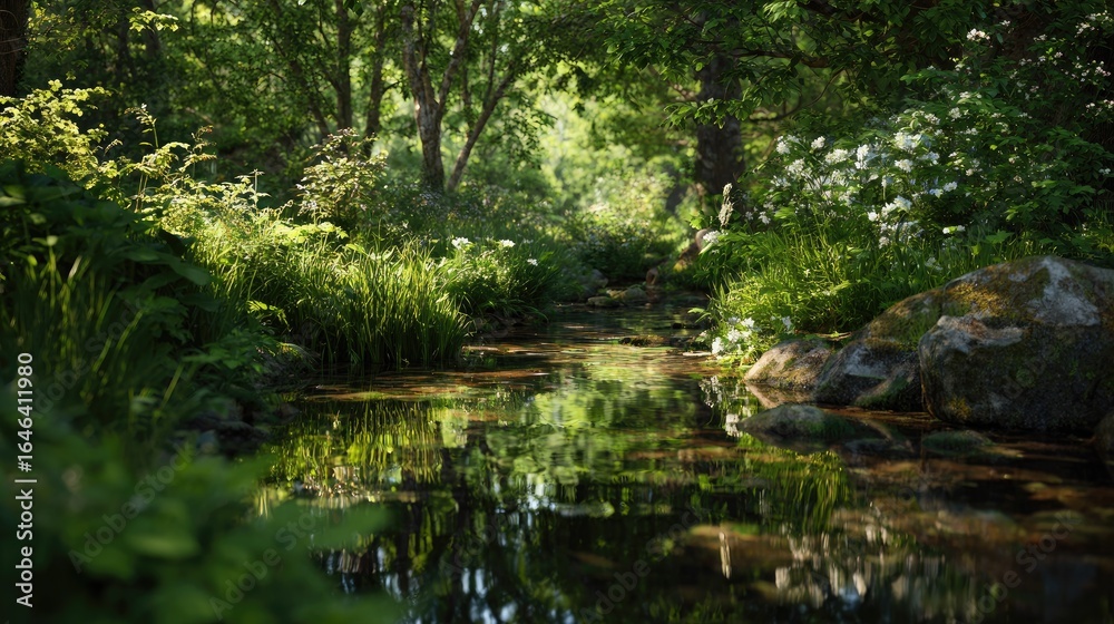 Sunlit creek flows through lush garden, tranquil scene Sunlit creek flows through lush garden, tranquil scene