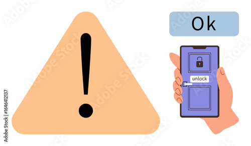 Exclamation triangle and hand holding smartphone with lock screen displaying unlock text. Ideal for security, alert, digital access, caution, technology, mobile apps, permissions. Simple flat