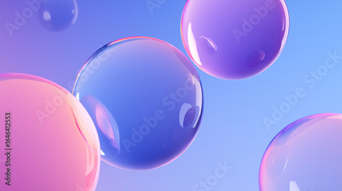 Minimalist 3D desktop wallpaper featuring floating glassy spheres in soft blue, purple, and pink gradients with smooth reflections on a clean background