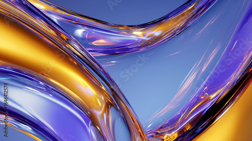 Abstract 3D background with flowing liquid curves in blue, purple, and golden tones