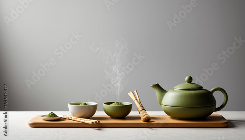 A cozy still life with a green ceramic teapot, matcha cup on a wood table