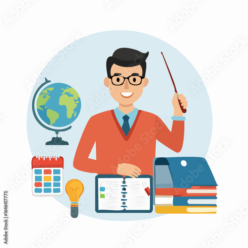 Teacher and teaching tools icons in flat vector illustration