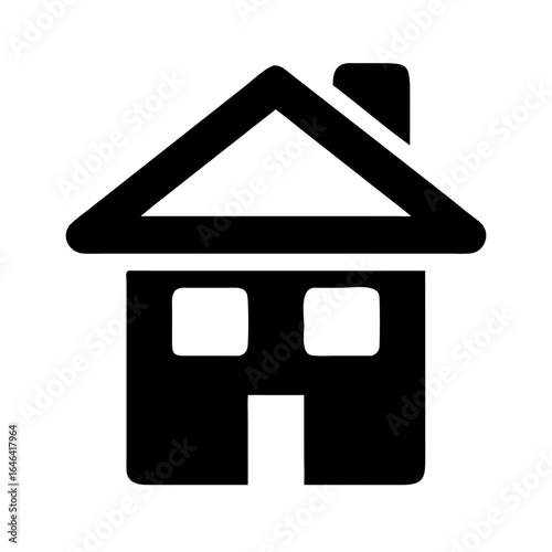 Simple black house icon with chimney and windows icon on white background 