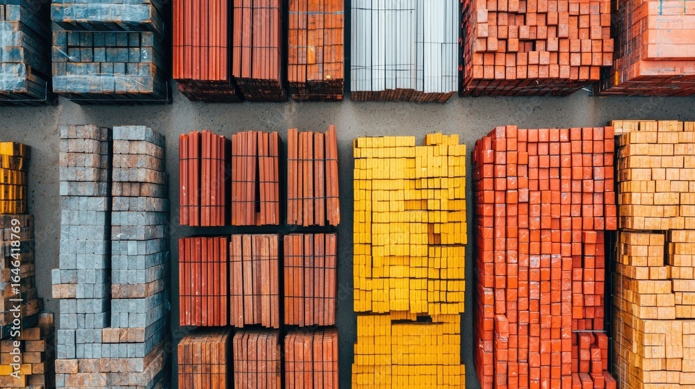 Fototapeta premium A close up view of various construction materials such as bricks blocks wood and steel neatly stacked and organized at a construction site The image showcases a vibrant color palette of red yellow