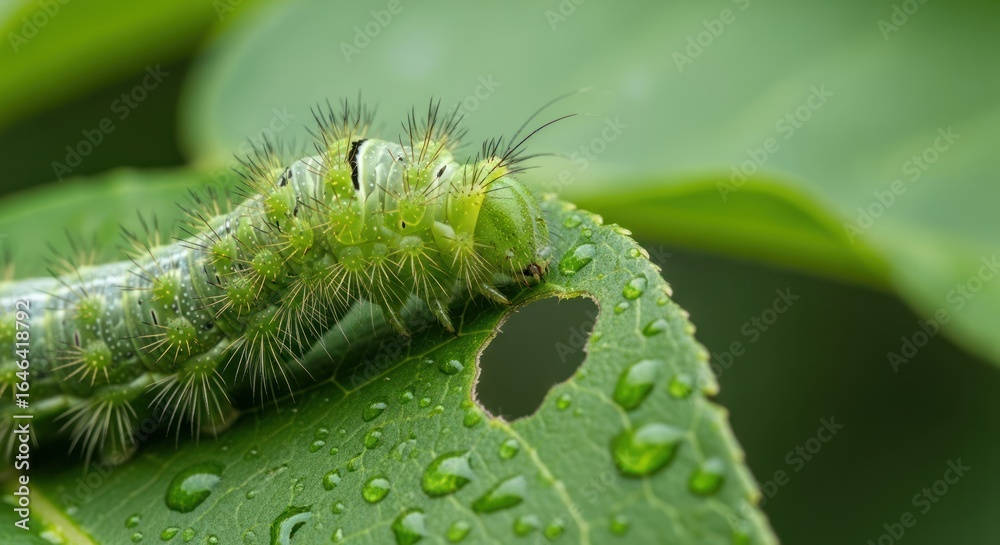 Fototapeta premium Green Caterpillar Eating Leaf with Water Droplets Close Up