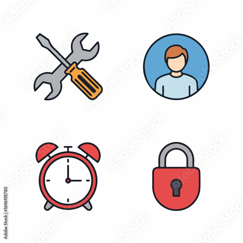 Icon set for business services, user support, time management, and security solutions available now