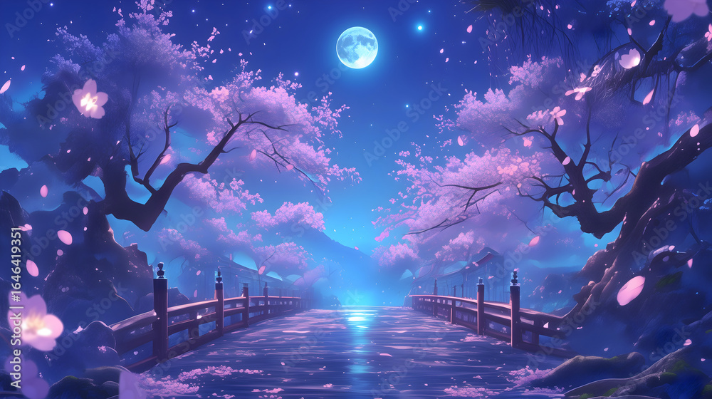 Obraz premium 桜 さくら 木 月 月光 よる 夜 夜桜 はる 春 日本 アニメ风 背景 壁紙